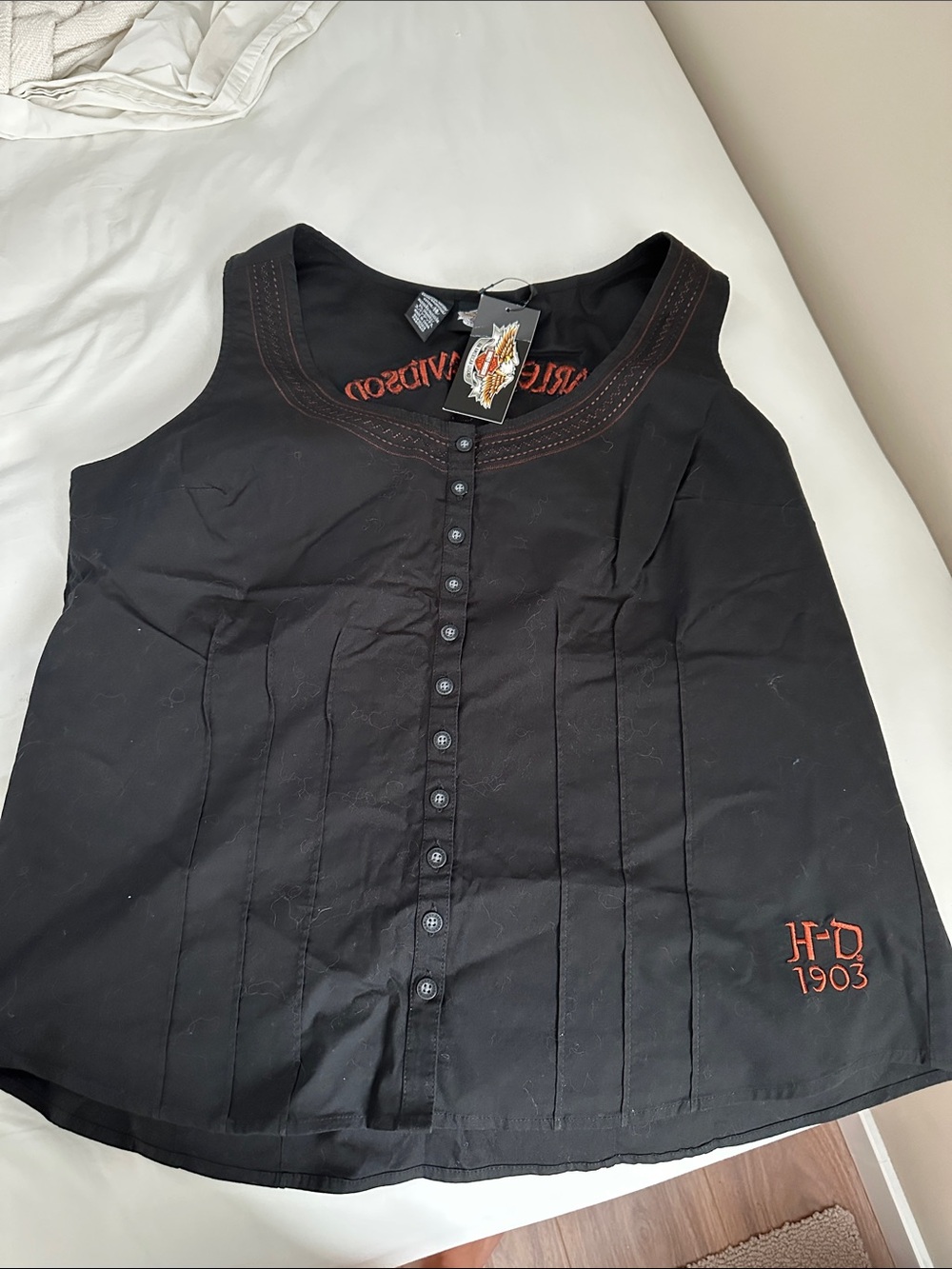 Harley-Davidson Black Button Down Tank Top with Orange Embroidery
